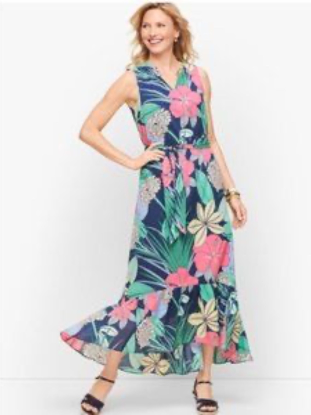 Talbots Hibiscus Tropical Maxi Dress 24 EUC